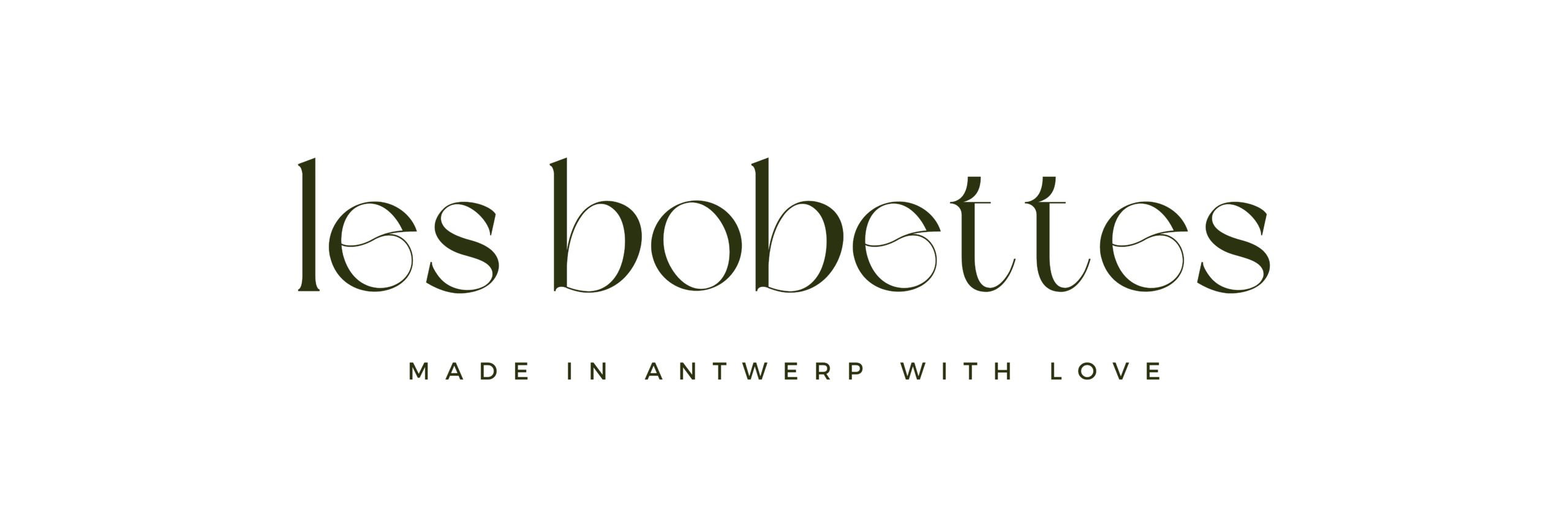 Les Bobettes logo met onderschrift 'Made in Antwerp with love'. Handgemaakte en gepersonaliseerde accessoires en cadeautjes voor kinderen en huisdieren.
